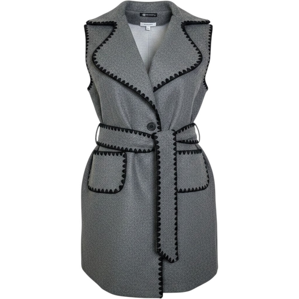 NWT‎ PRETTY GARDEN Women's Grey Sleeveless Vest Blazer Belted Collar Trim Medium